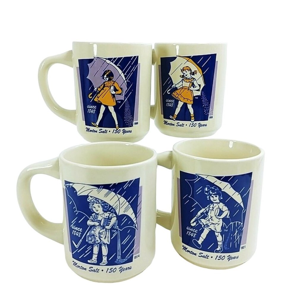 Morton Salt Coffee Mugs 150 Years Anniversary 4 pc set Bryan China Vtg Logos